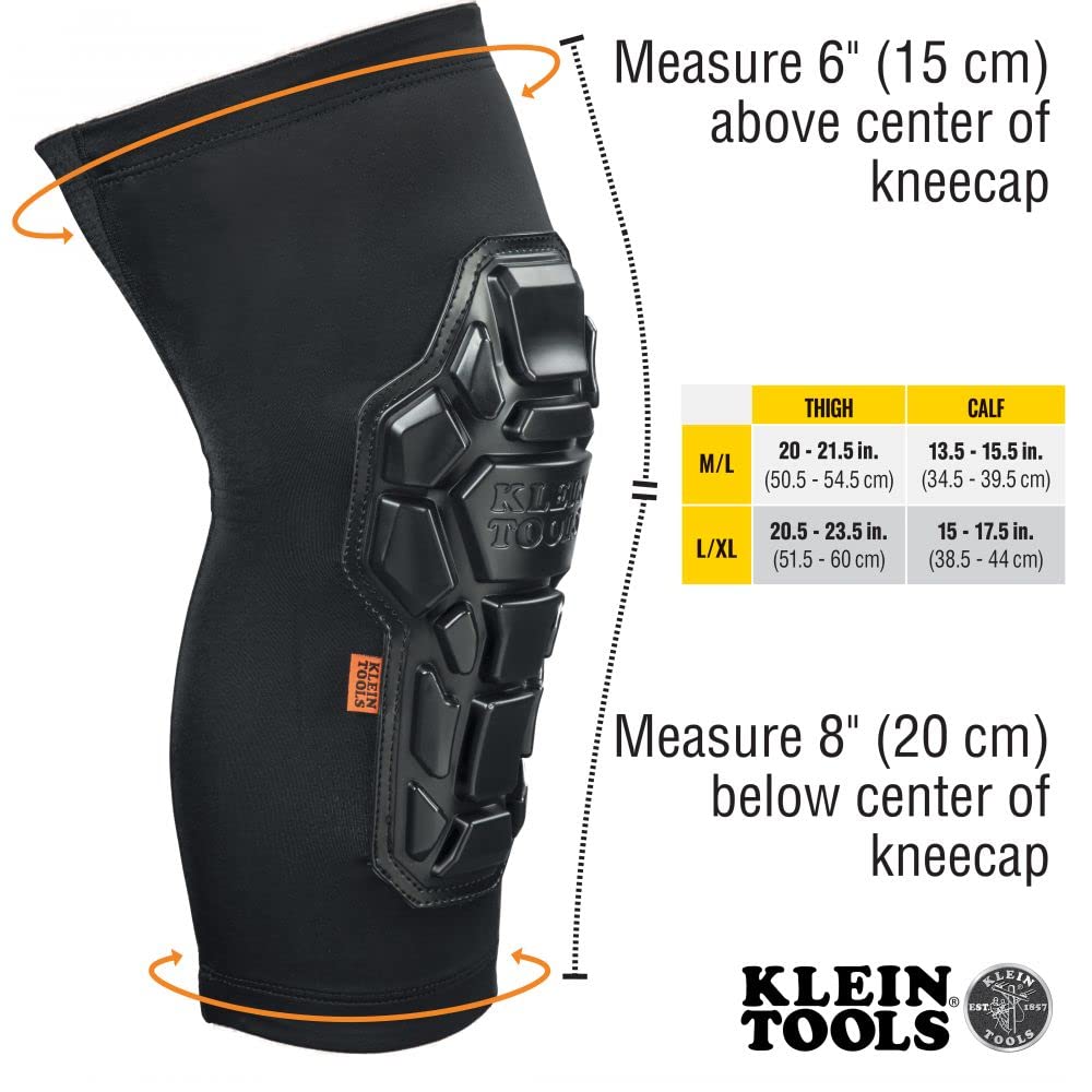 KLEIN TOOLS Klein Tools 60511 Knee Pad, Heavy Duty Padded Knee Sleeves, Breathable Mesh Back, Elastic Cuff with Slip-Resistant Silicone, Black, M/L
