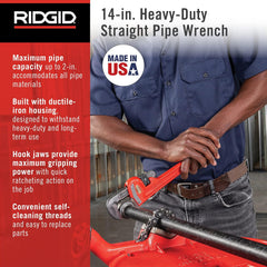 RIDGID RIDGID 31020 Heavy-Duty Straight Pipe Wrench 14-inch Plumbing Wrench Red