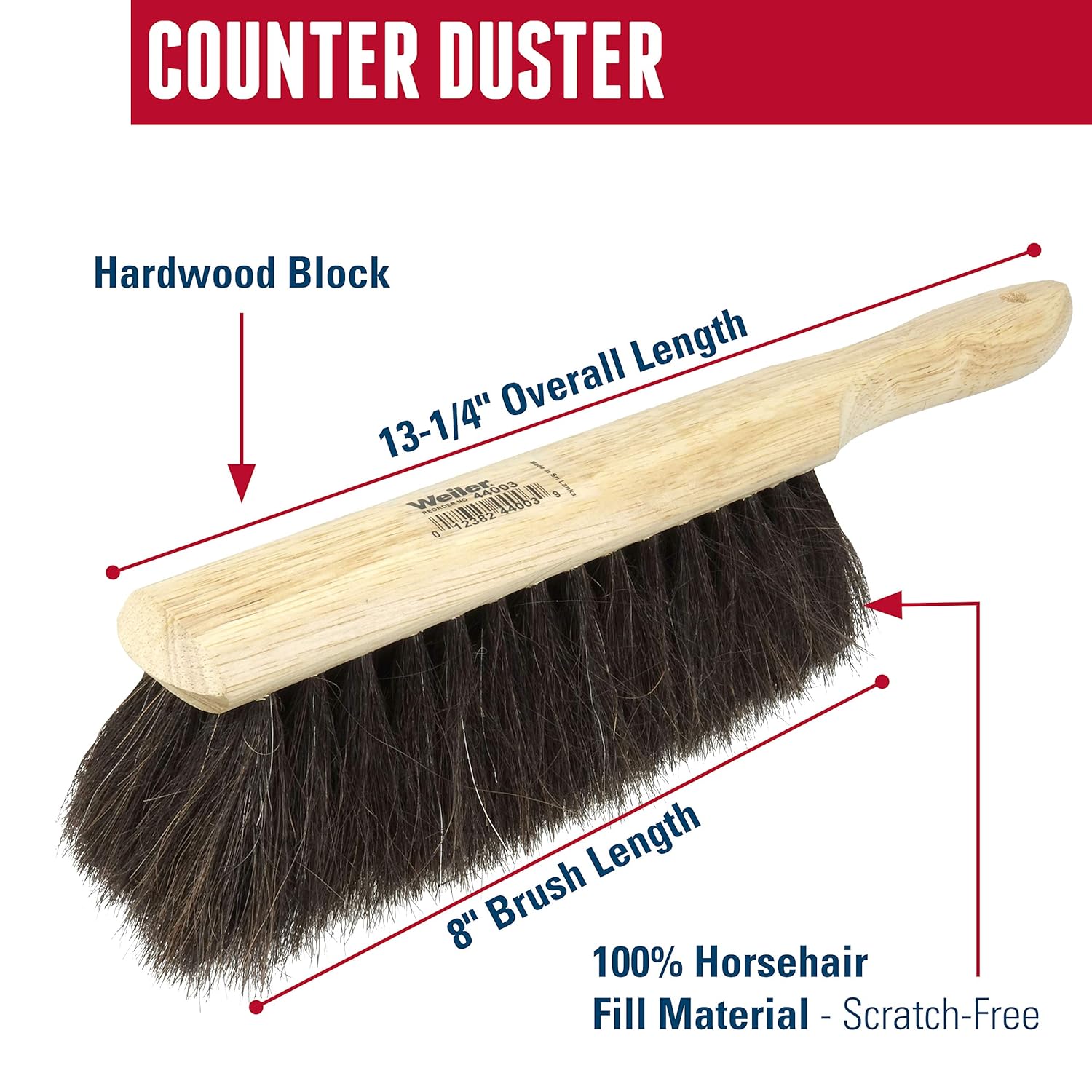 WEILER Weiler 44003 Horsehair Counter Duster with Wood Handle 2.5 in Head Width 8 in Overall Length Natural