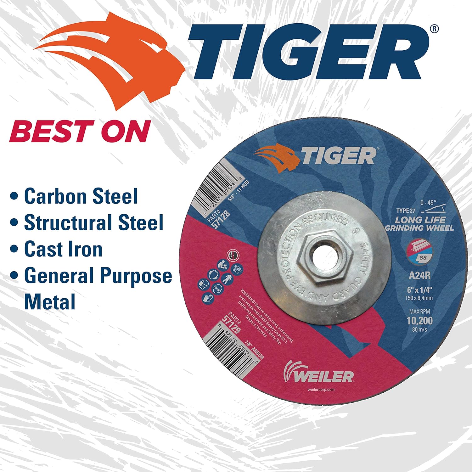 WEILER Weiler 57128 Tiger 6 Grinding Wheel Type 27 1/4 Thick A24R 5/8-11 UNC Nut Pack of 10