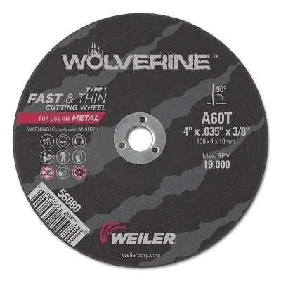 WEILER Weiler 56080 Wolverine Flat Type 1 Cutting Wheel 4 Inch Dia 035 Thick 3/8 Arbor 60 Grit