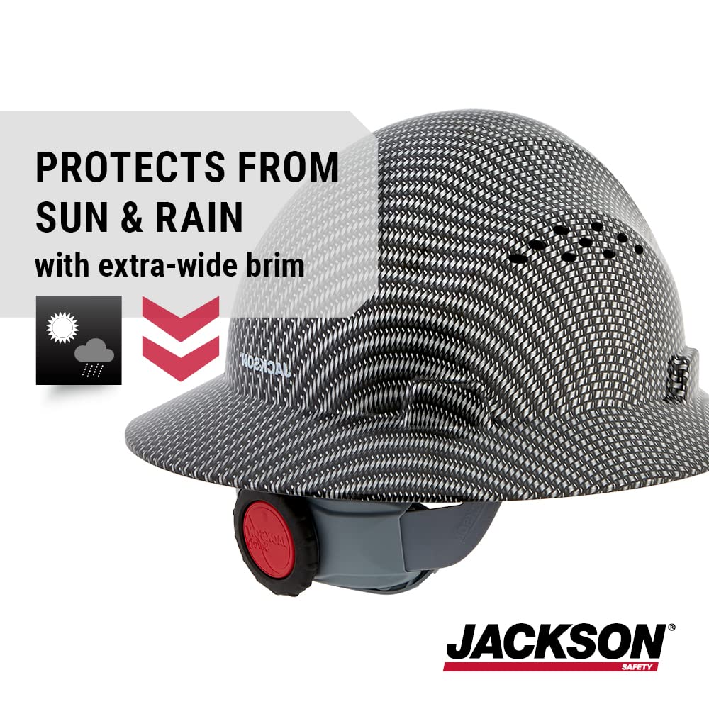 JACKSON SAFETY Jackson Safety 20620 Blockhead Fiberglass Full Brim Hard Hat 4-Point Ratchet Suspension w/Jackson 370 Speed Dial Headgear Carbon Fiber Pattern Large