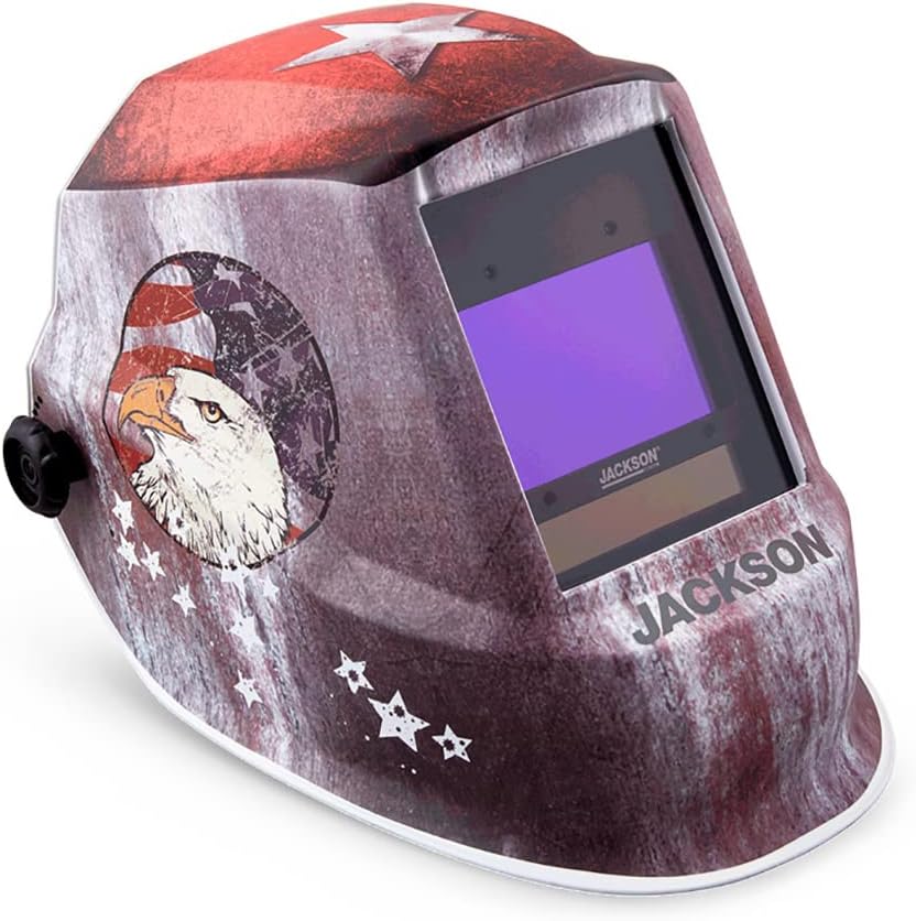 JACKSON SAFETY Jackson Safety 47103 Premium Auto Darkening Welding Helmet 4/5-13 Shade Range 1/1/1/1 Optical Clarity 1/25,000 sec. Response Time 370 Speed Dial Headgear Red/White/Blue