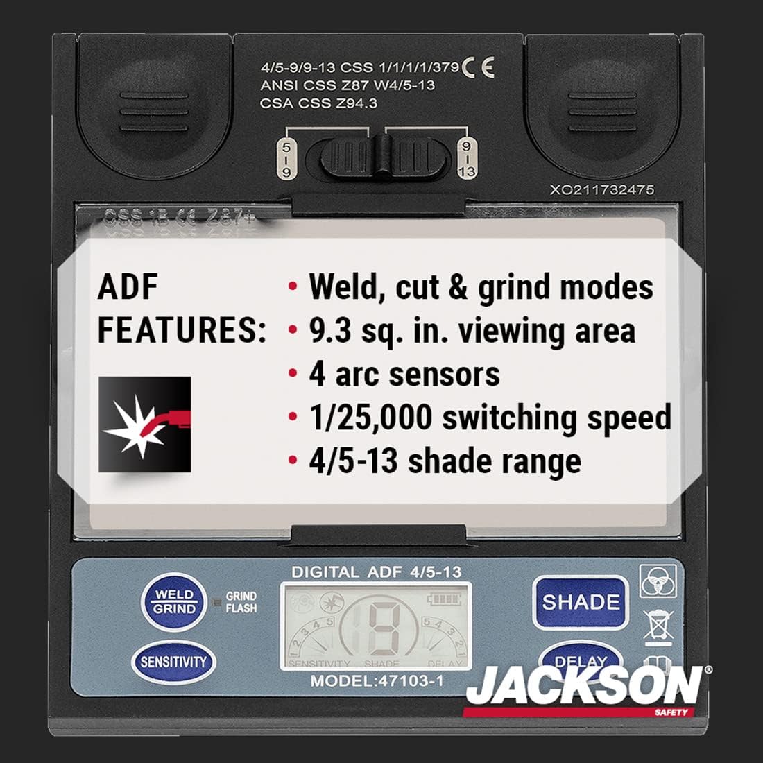 JACKSON SAFETY Jackson Safety 47103 Premium Auto Darkening Welding Helmet 4/5-13 Shade Range 1/1/1/1 Optical Clarity 1/25,000 sec. Response Time 370 Speed Dial Headgear Red/White/Blue