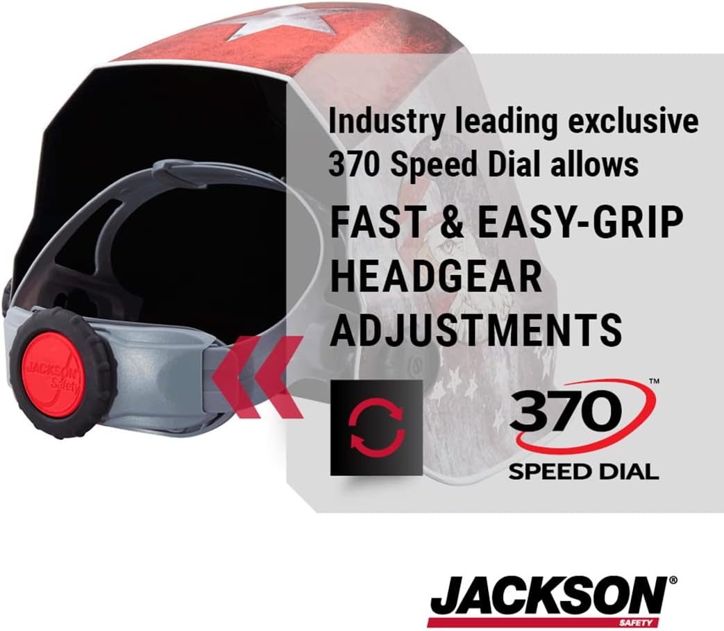 JACKSON SAFETY Jackson Safety 47103 Premium Auto Darkening Welding Helmet 4/5-13 Shade Range 1/1/1/1 Optical Clarity 1/25,000 sec. Response Time 370 Speed Dial Headgear Red/White/Blue