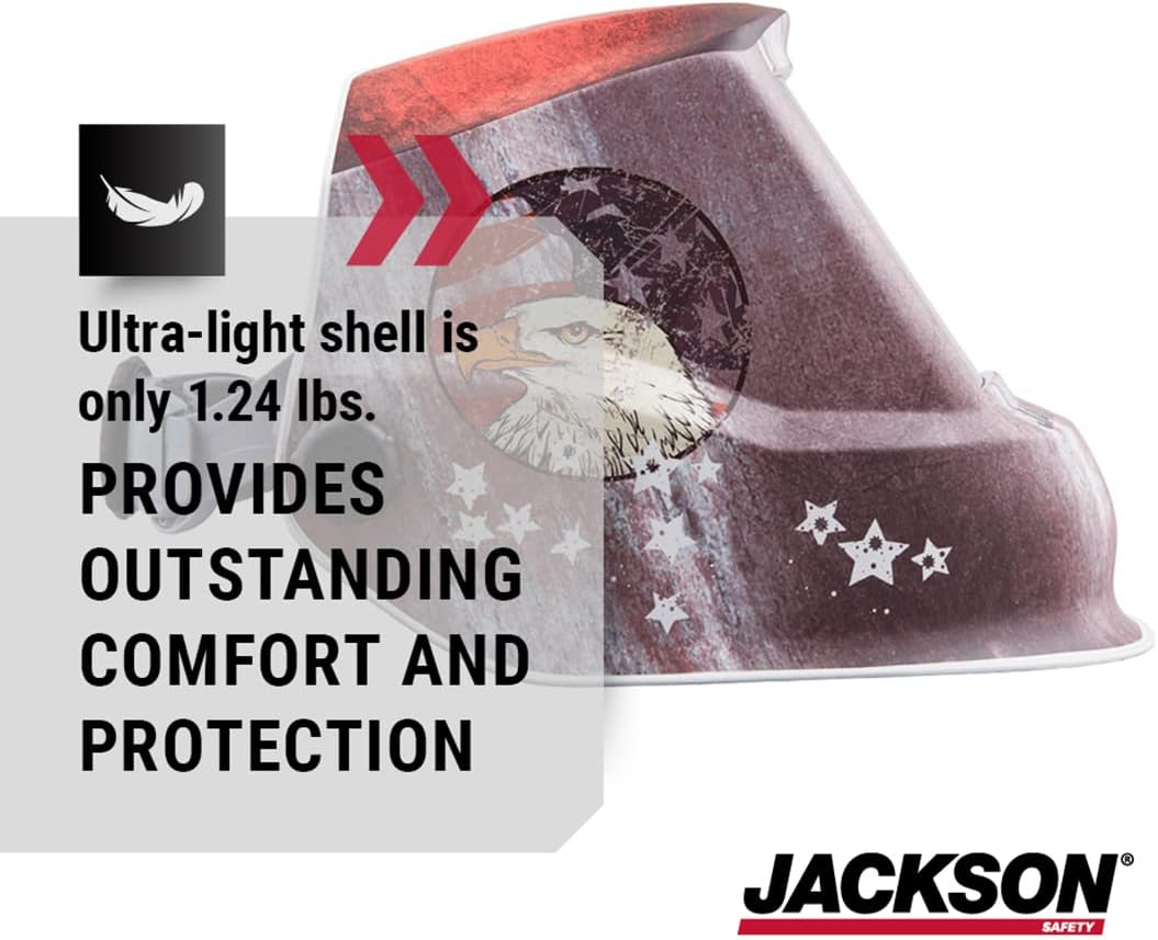 JACKSON SAFETY Jackson Safety 47103 Premium Auto Darkening Welding Helmet 4/5-13 Shade Range 1/1/1/1 Optical Clarity 1/25,000 sec. Response Time 370 Speed Dial Headgear Red/White/Blue