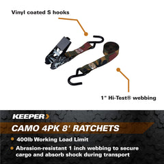 Keeper 03508-V Camo 4PK 8' Ratchets 400 lbs Working Load Limit