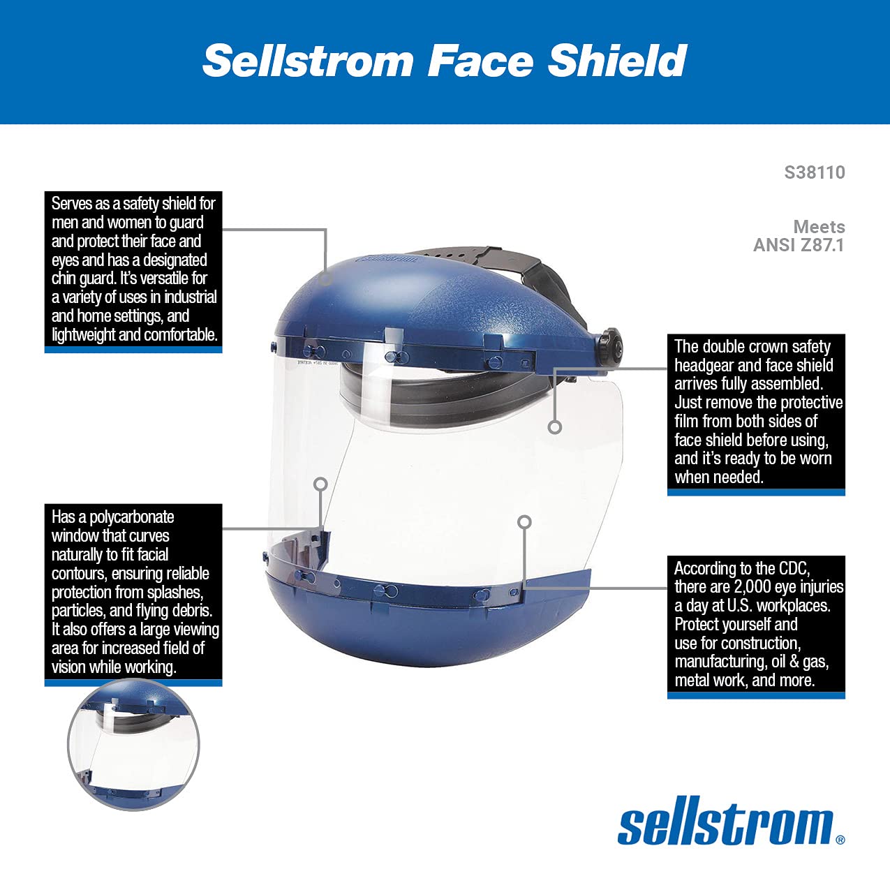 SELLSTROM Sellstrom S38110 Face Shield Dual Crown Safety Mask for Men and Women