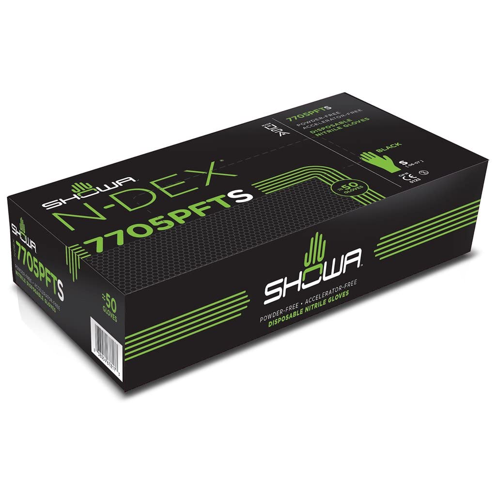 SHOWA Showa 7705PFTS Accelerator-Free Disposable Nitrile Glove 9.5 inch Length 4 mil Thick Small