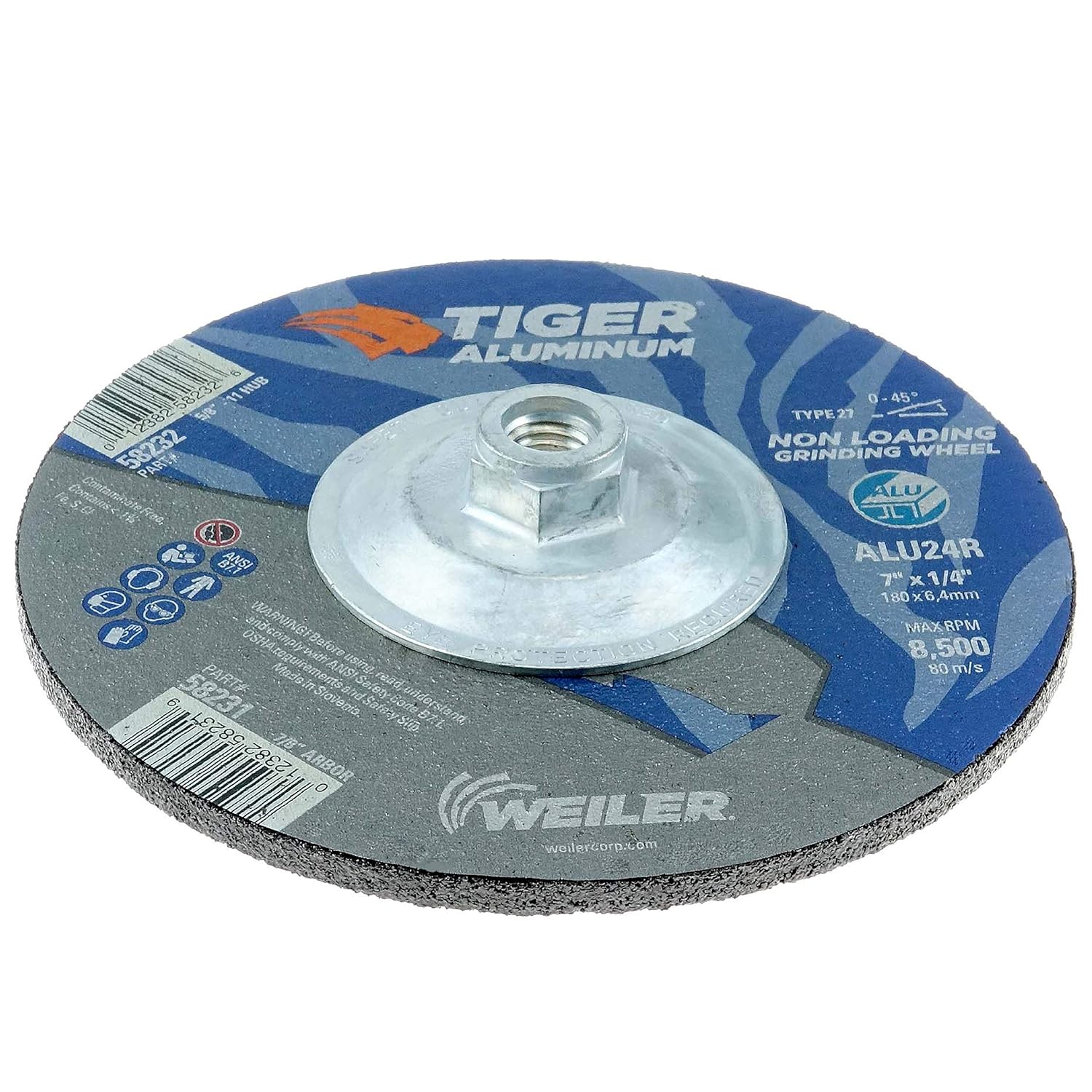 WEILER Weiler 58232 7 x 1/4 Tiger Aluminum Type 27 Grinding Wheel ALU24R 5/8-11 Nut (Pack of 10)