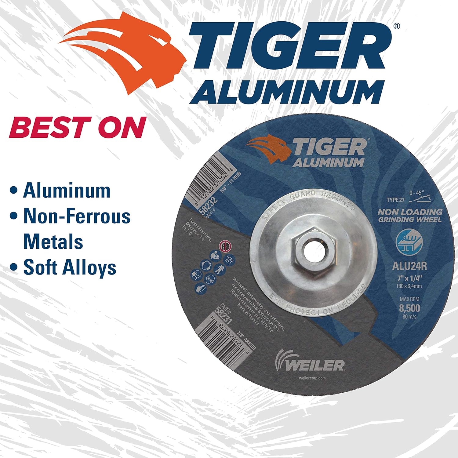 WEILER Weiler 58232 7 x 1/4 Tiger Aluminum Type 27 Grinding Wheel ALU24R 5/8-11 Nut (Pack of 10)
