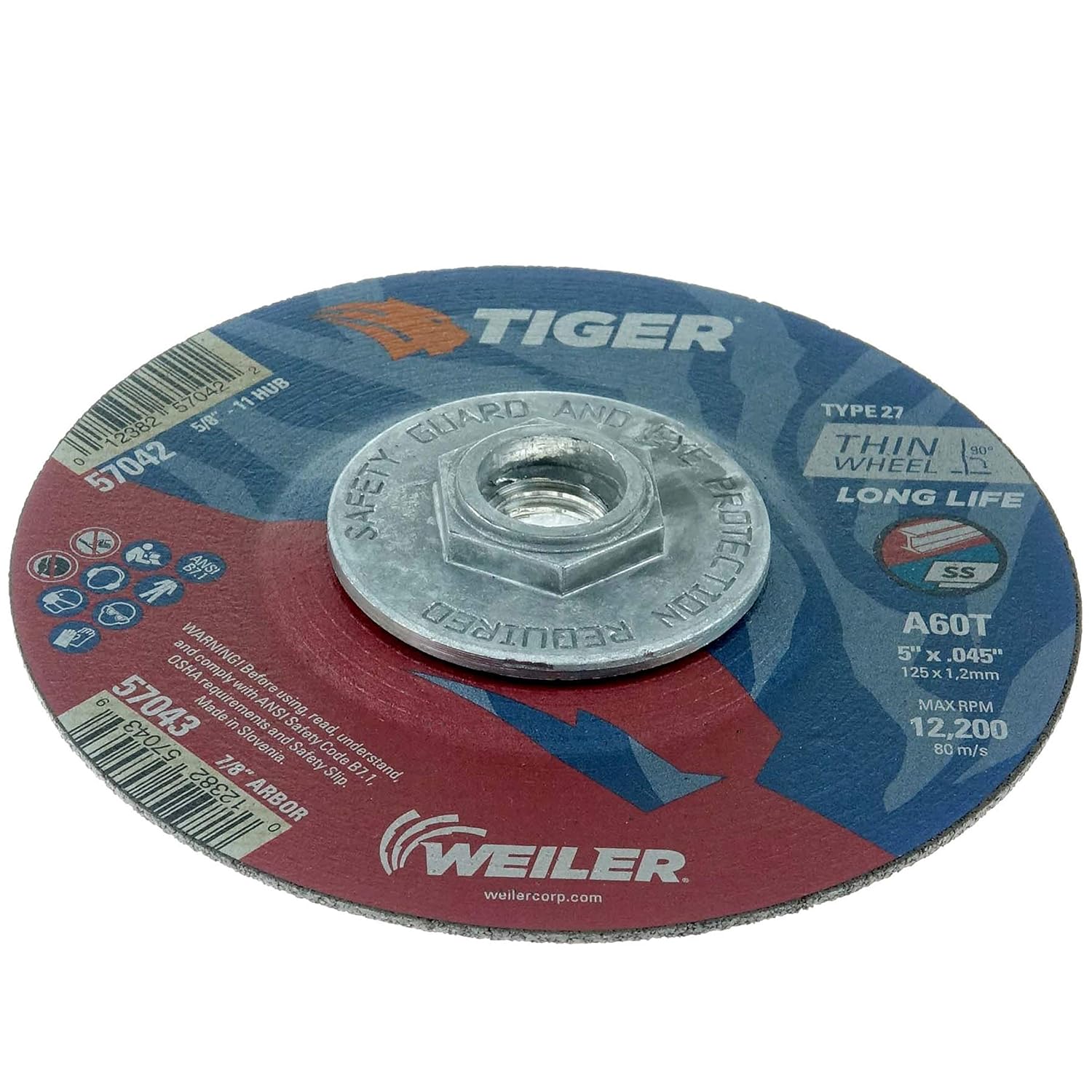 WEILER Weiler 57042 Type 27 Cutting Wheel 5 x 0.045 x 5/8-11 Hub A60T Pack of 10
