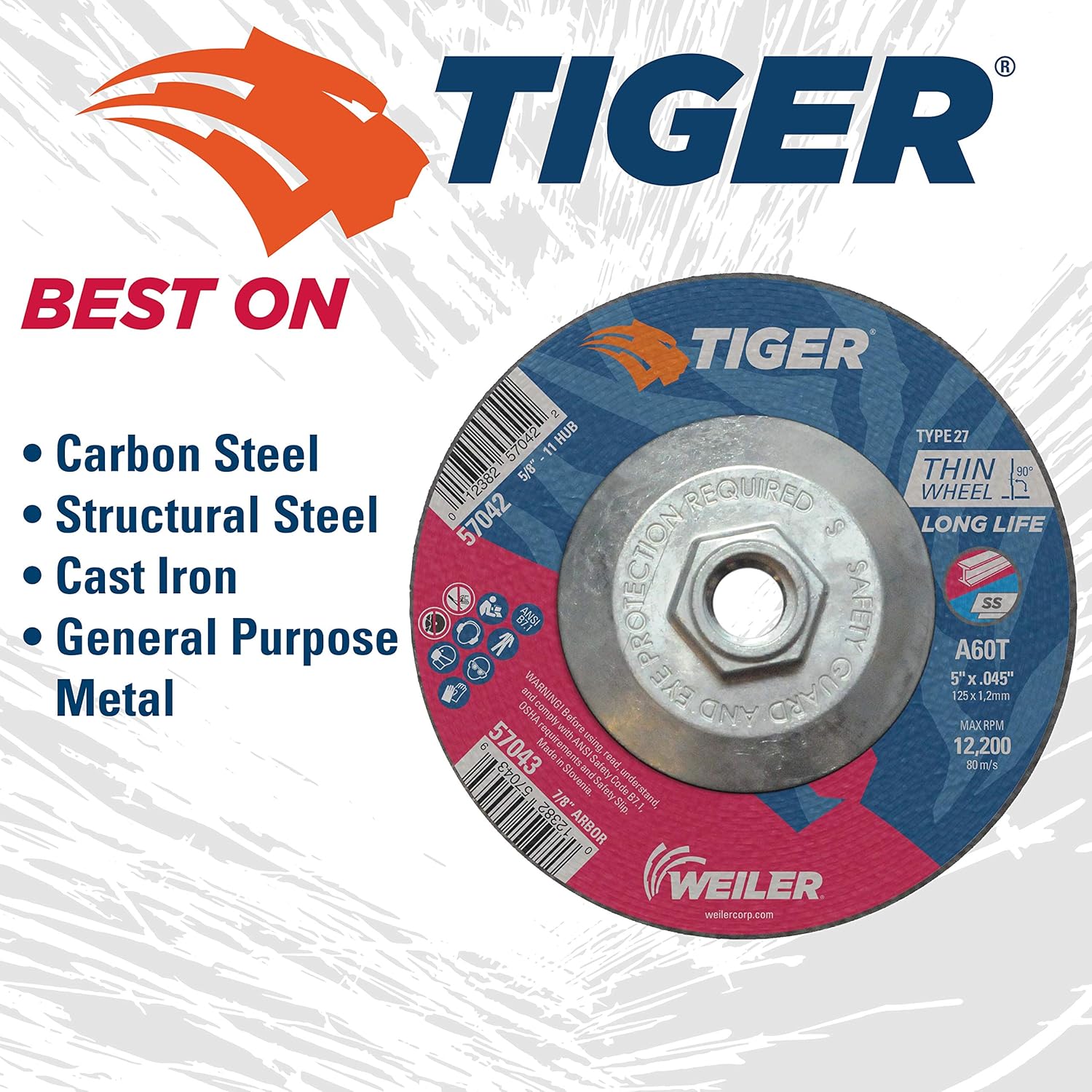 WEILER Weiler 57042 Type 27 Cutting Wheel 5 x 0.045 x 5/8-11 Hub A60T Pack of 10