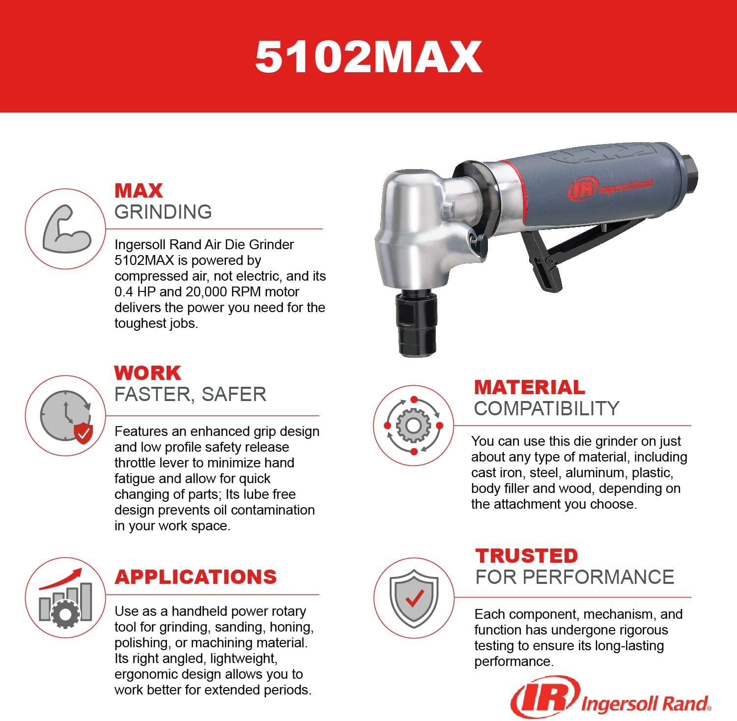 INGERSOLL Ingersoll Rand 5102MAX Air Die Grinder Right Angle 0.4 HP 20000 RPM Grey