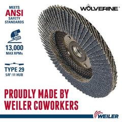 Weiler 31350 Wolverine 4-1/2 x 5/8-11 UNC Nut Abrasive Flap Disc 40 Grit Zirconia Alumina Bevel Type 29 Phenolic Backing Standard Density