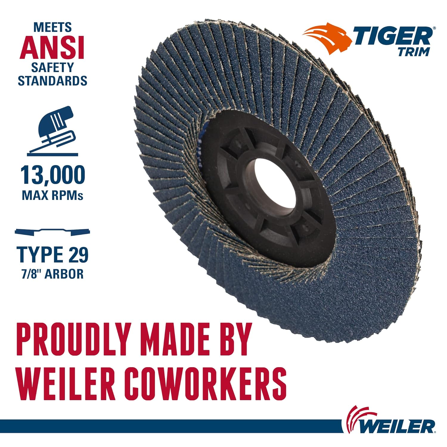 WEILER Weiler 50002 Trimmable Tiger Flap Disc 7/8 Arbor 4.5 Diameter 40 Grit Angled Abrasive