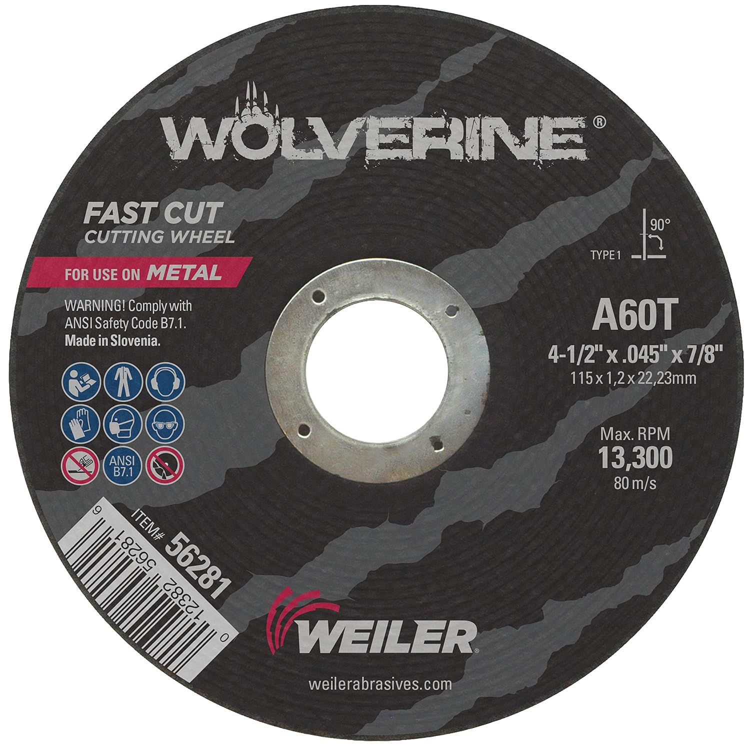 WEILER Weiler 56281 Wolverine Type 1 Cutting Wheel 4 1/2 In Diameter 0.045 In Thickness 7/8 In Arbor A60T Grit
