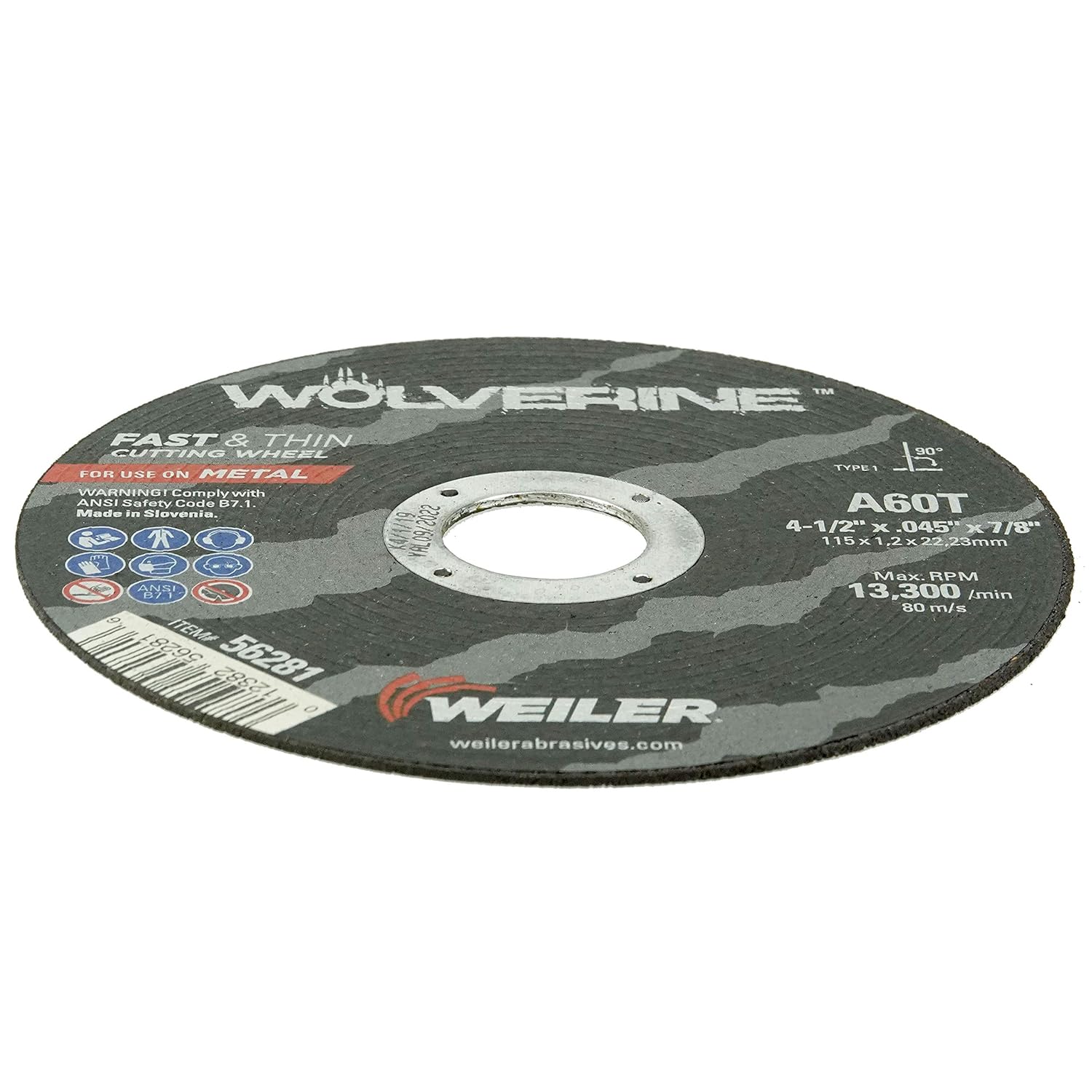 WEILER Weiler 56281 Wolverine Type 1 Cutting Wheel 4 1/2 In Diameter 0.045 In Thickness 7/8 In Arbor A60T Grit