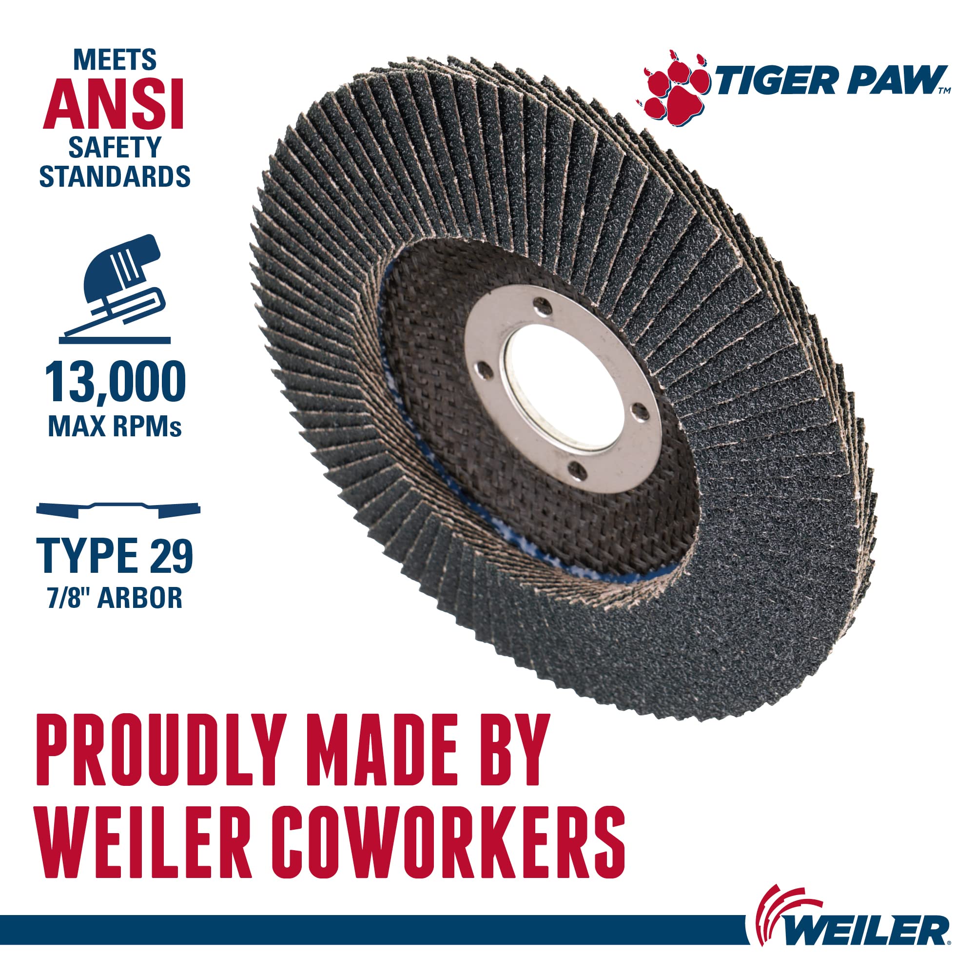 WEILER Weiler 51121 4-1/2 Tiger Paw Abrasive Flap Disc Angled (Ty29) Phenolic Backing 80Z 7/8 Arbor Hole Pack of 10