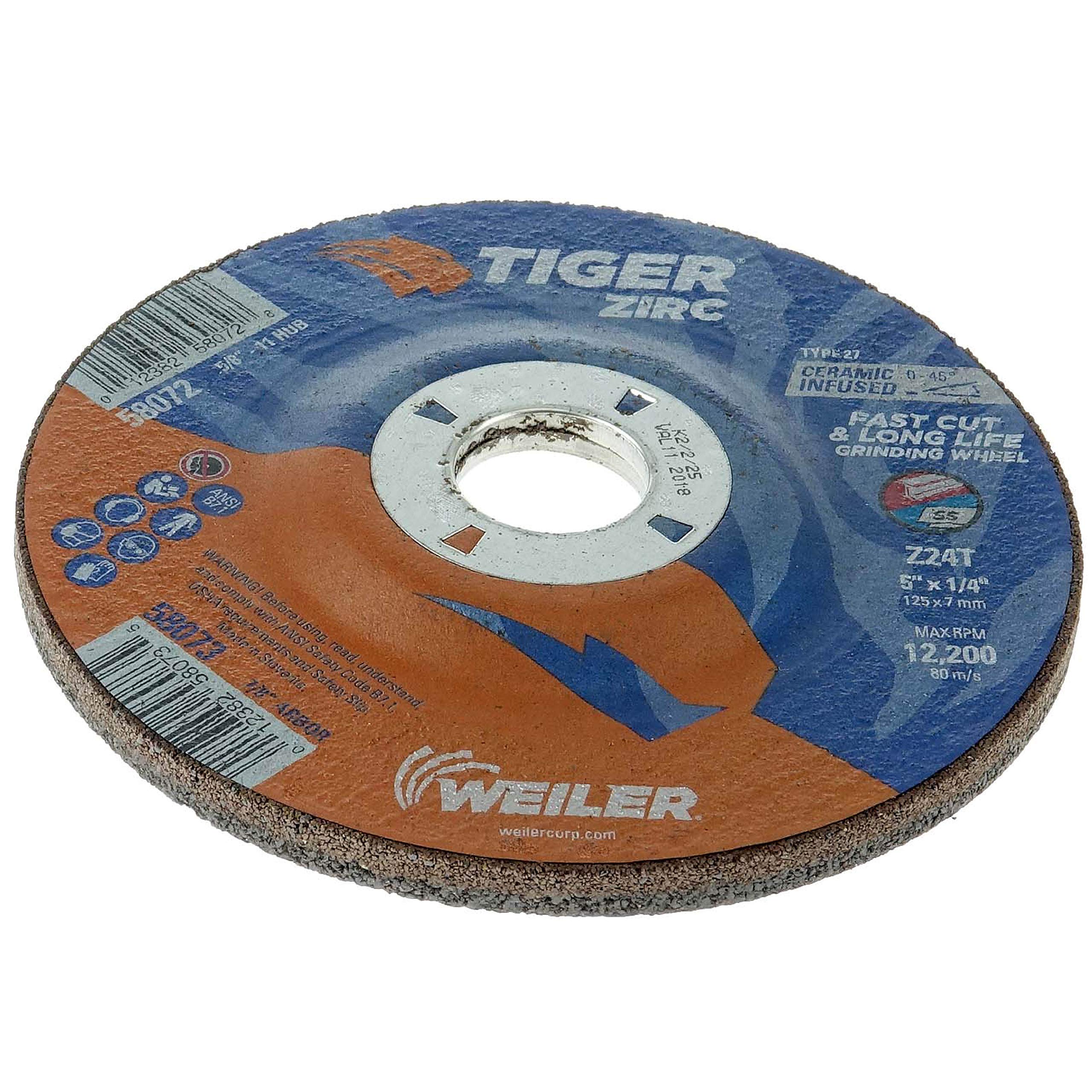 WEILER Weiler 58073 Tiger Zirc Type 27 Grinding Wheel Z24T 5 inch x 1/4 inch x 7/8 inch Pack of 10