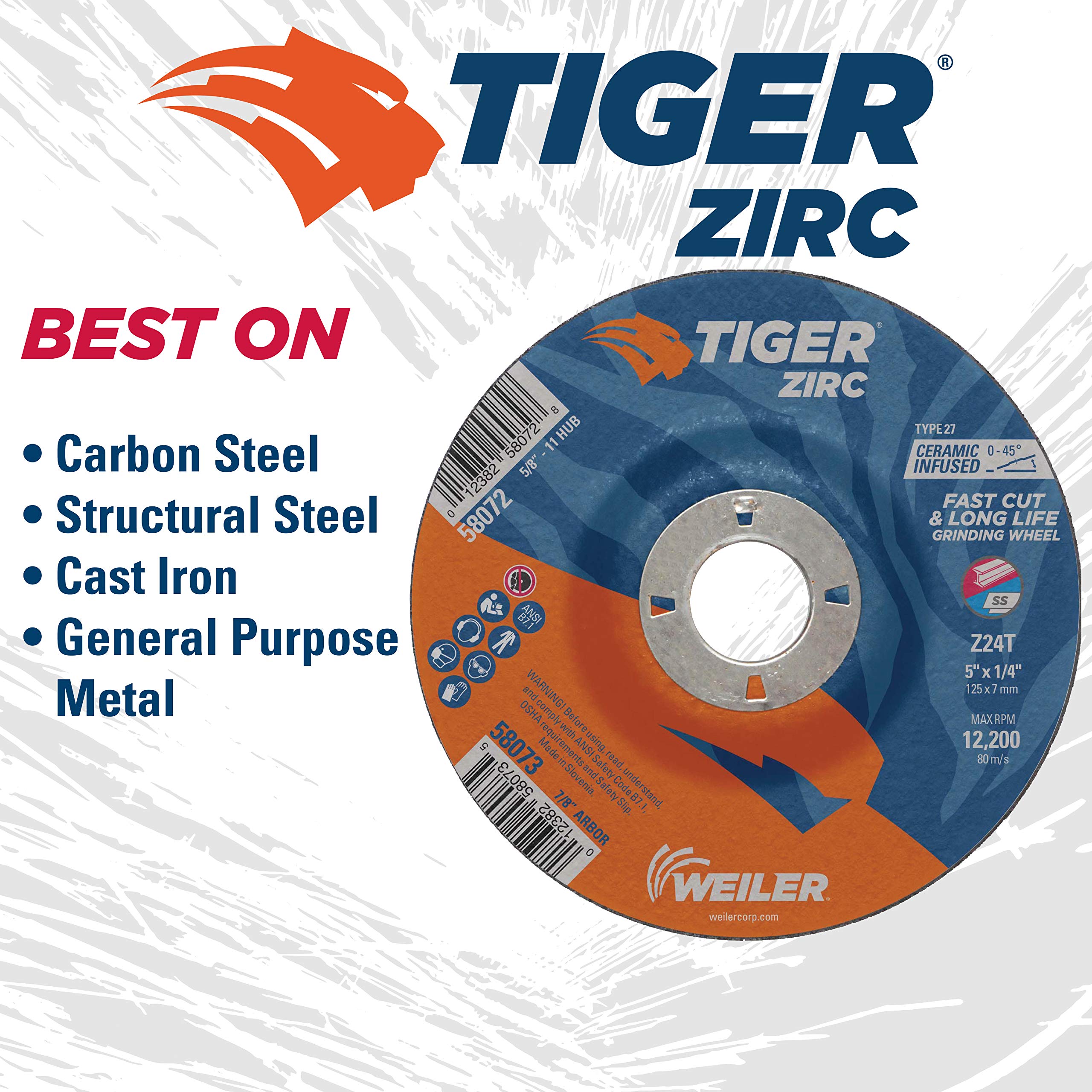 WEILER Weiler 58073 Tiger Zirc Type 27 Grinding Wheel Z24T 5 inch x 1/4 inch x 7/8 inch Pack of 10