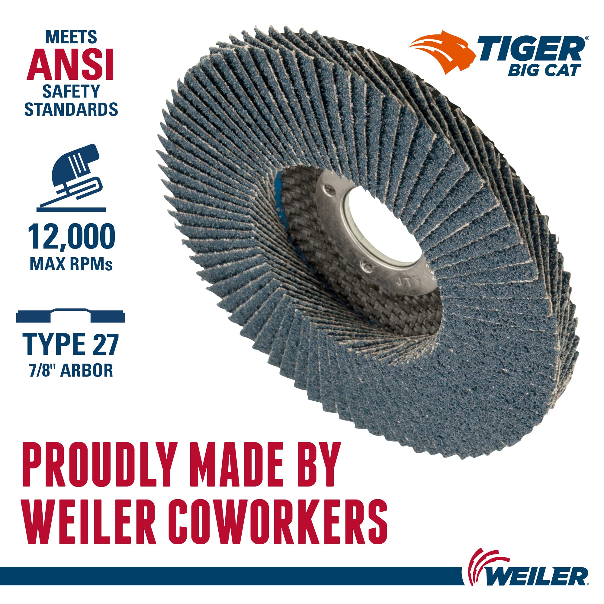 WEILER Weiler 50804V Tiger Big Cat High Density Flap Disc 4-1/2 dia 7/8 arbor 12000 RPM Vending Pack of 5