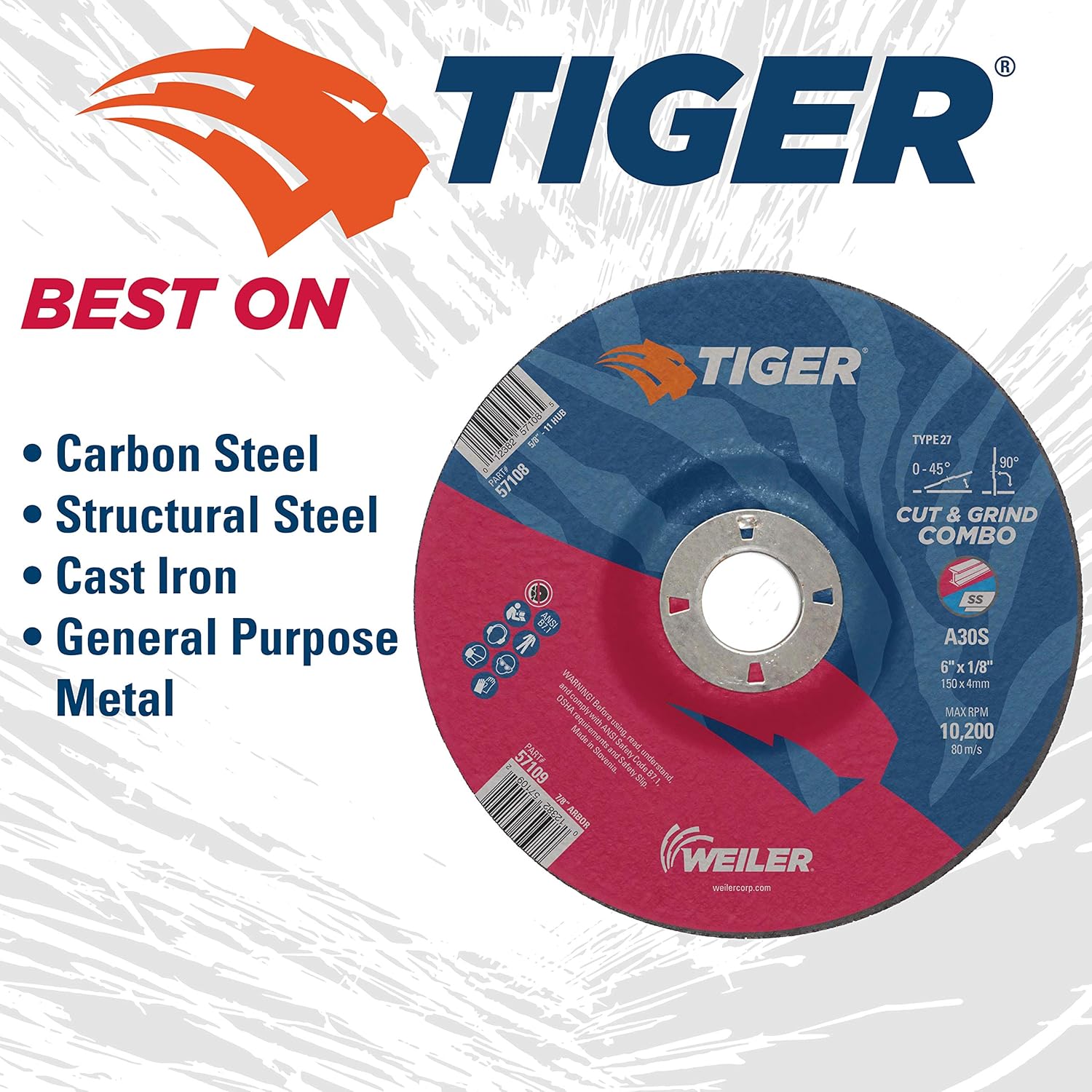 WEILER Weiler 57109 6 x 1/8 Tiger AO Type 27 Combination Wheel A30S 7/8 A.H Pack of 25