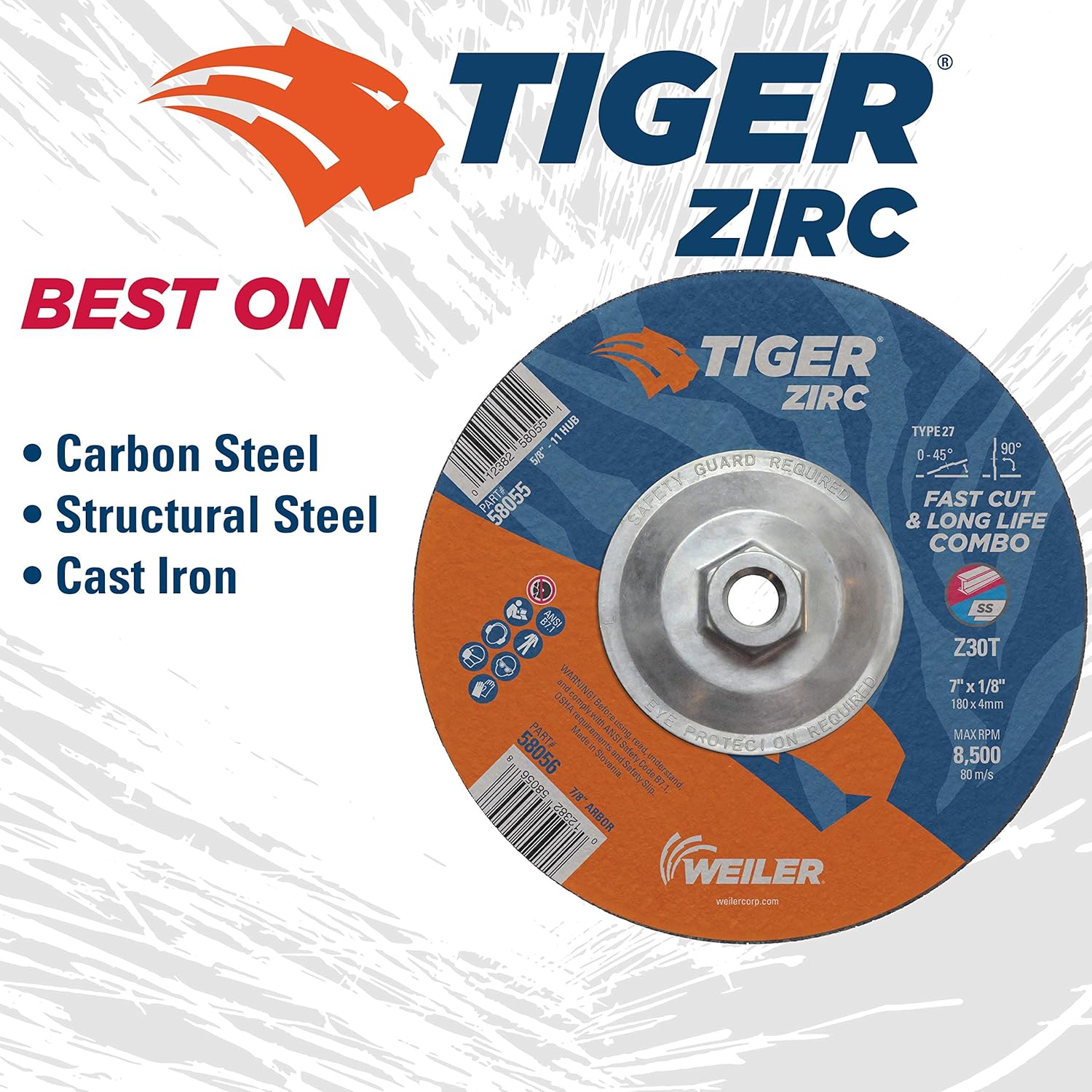 WEILER Weiler 58055 7 x 1/8 Tiger Zirc Type 27 Cut and Grind Combo Wheel Z30T 5/8-11 UNC Nut Pack of 10