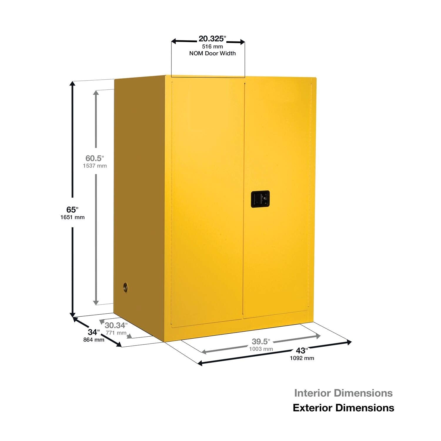 JUSTRITE Justrite 899000 Sure-Grip EX Flammable Liquid Storage Cabinet 90 Gallon Reinforced Steel Fire Cabinet for Gasoline Storage 2 Manual Close Doors 65 x 43 x 34 Yellow
