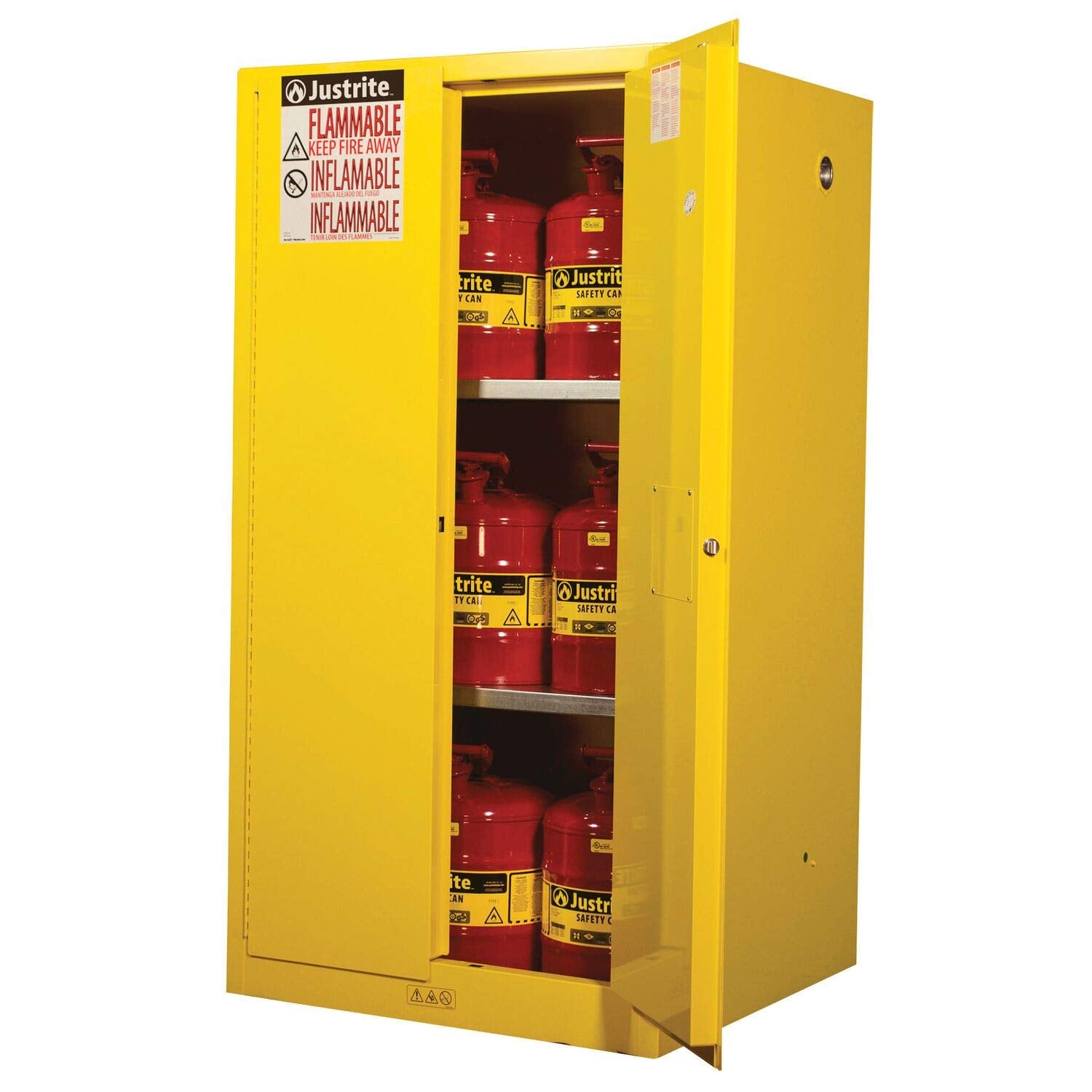 JUSTRITE Justrite 896000 Sure-Grip EX Flammable Liquid Storage Cabinet, 60 Gallon Reinforced Steel Fire Cabinet for Gasoline Storage, 2 Manual Close Doors, 65 x 34 x 34, Yellow