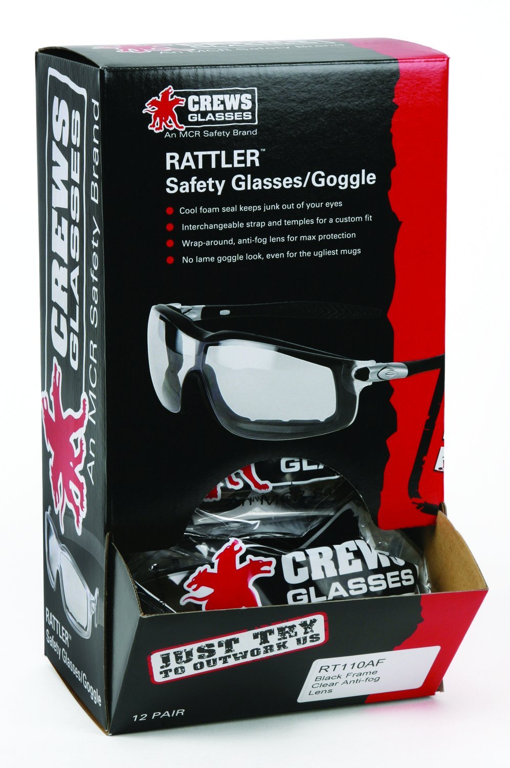 MCR SAFETY MCR Safety RT110AF Rattler Safety Glasses Black Frame Clear Anti-Fog Lens