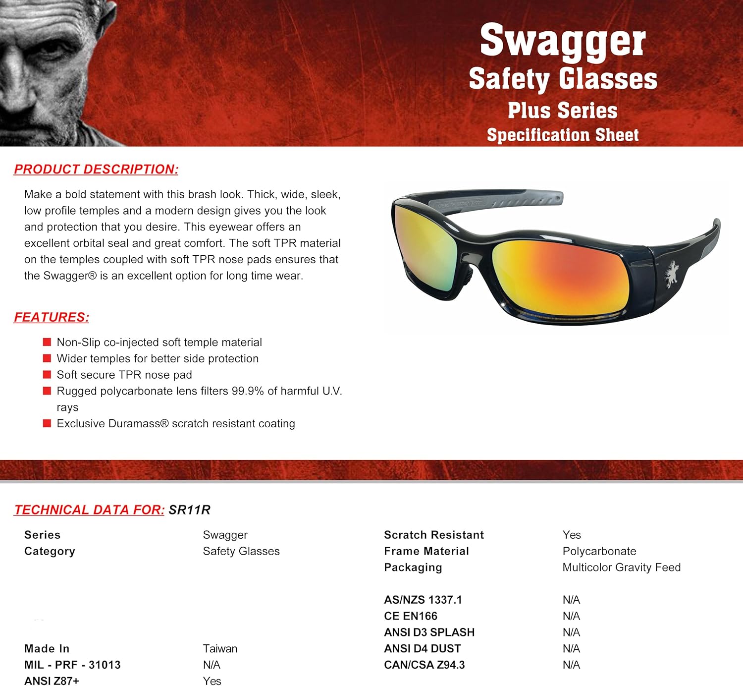 MCR SAFETY MCR Safety SR11R Crews Swagger Brash Look Polycarbonate Dual Lens Glasses Polished Black Frame Fire Mirror Lens