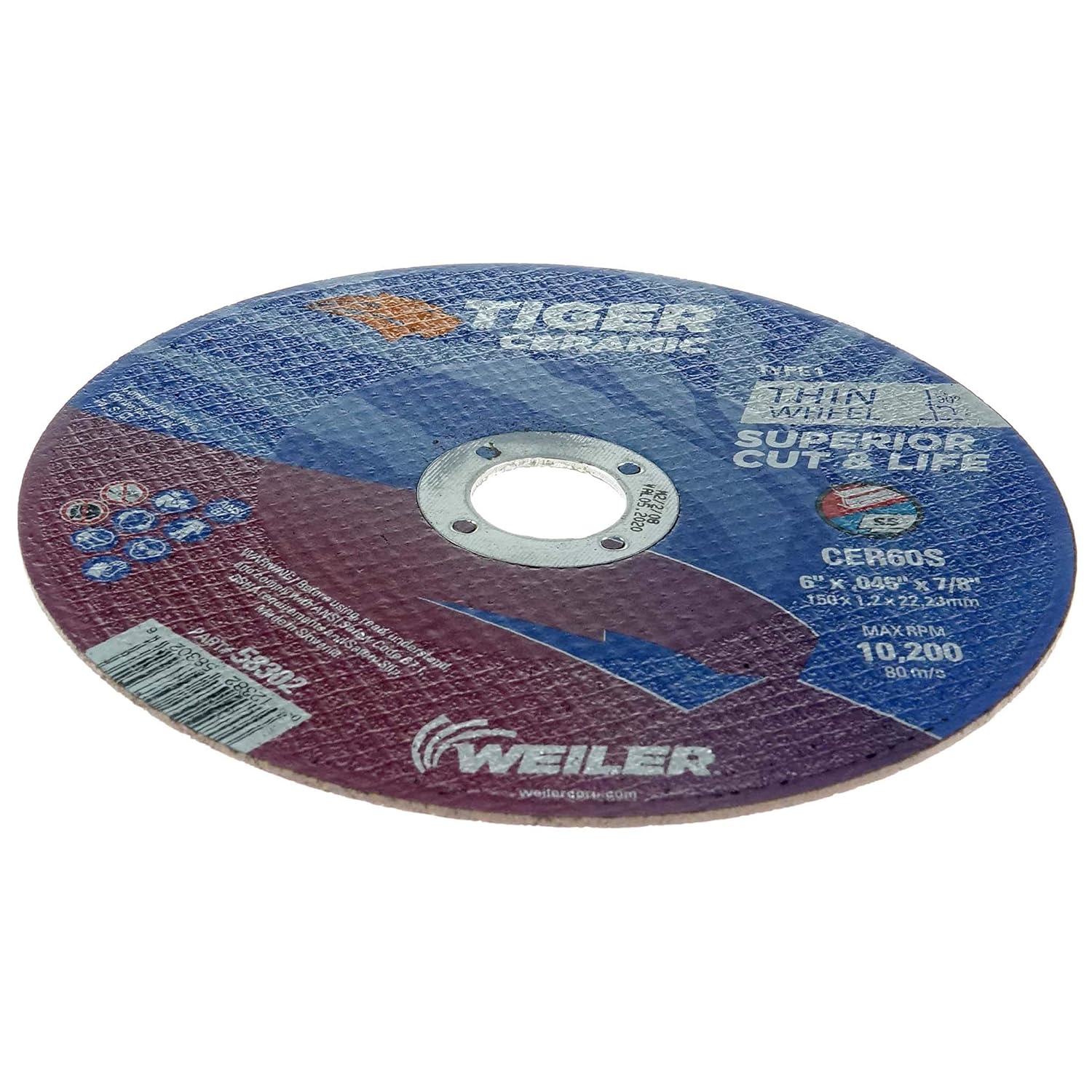 WEILER Weiler 58302 Tiger Ceramic 6 Inch Cut-Off Wheel 0.045 Inch Thickness 7/8 Inch Arbor Hole Pack of 25