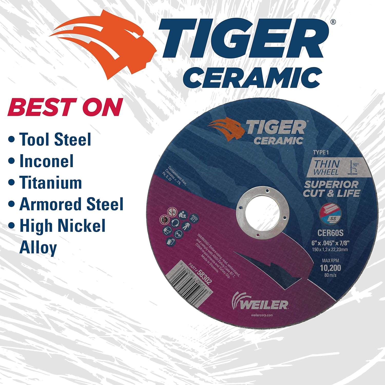 WEILER Weiler 58302 Tiger Ceramic 6 Inch Cut-Off Wheel 0.045 Inch Thickness 7/8 Inch Arbor Hole Pack of 25