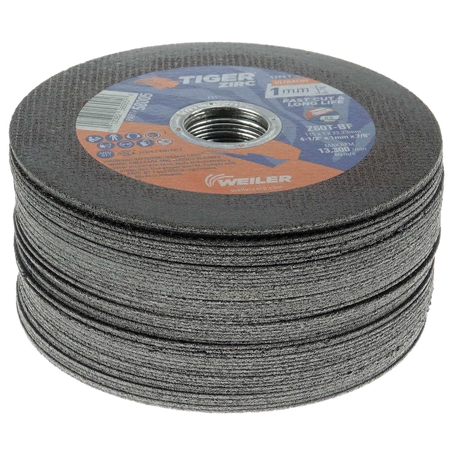 WEILER Weiler 58005 4-1/2 x 1mm Tiger ZIRC UltraCut Type 1 Thin Cutting Wheel Z60T 7/8 A.H.