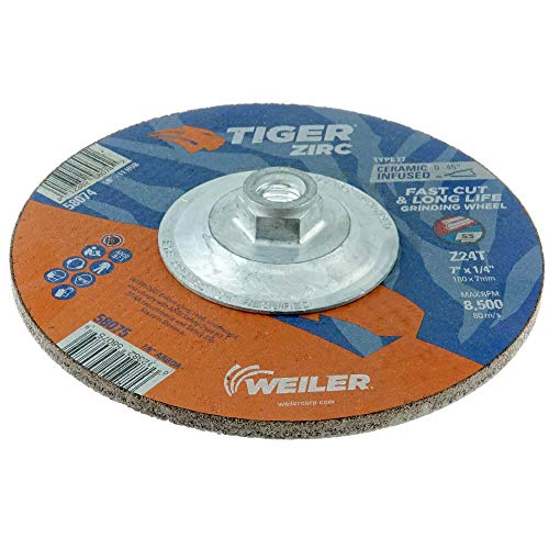 WEILER Weiler 58074 7 Inch Tiger Zirc Type 27 Grinding Wheel, 5/8-11 UNC Nut