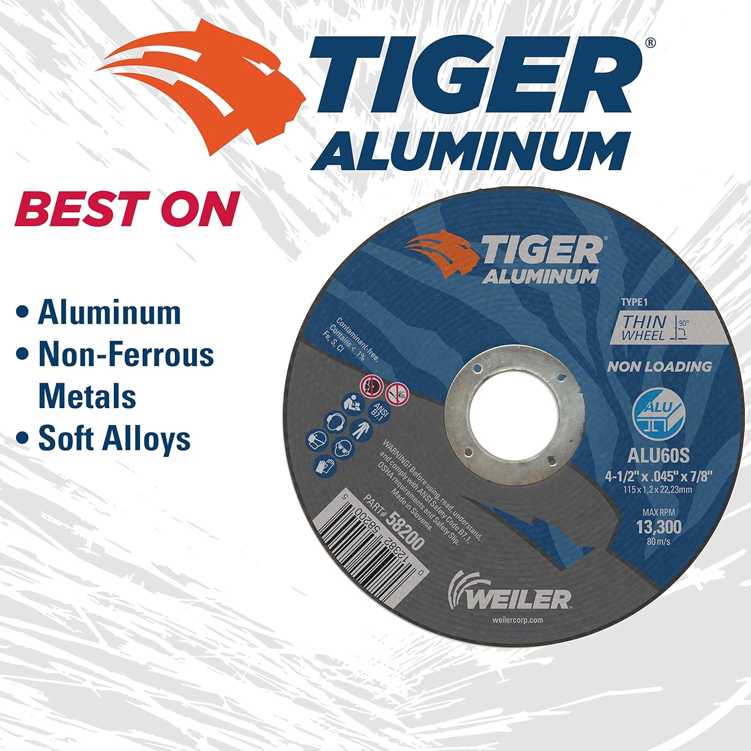 WEILER Weiler 58200 Aluminum Cutting Wheel 4.5 Inch 7/8 Arbor Contaminant-Free Pack of 25
