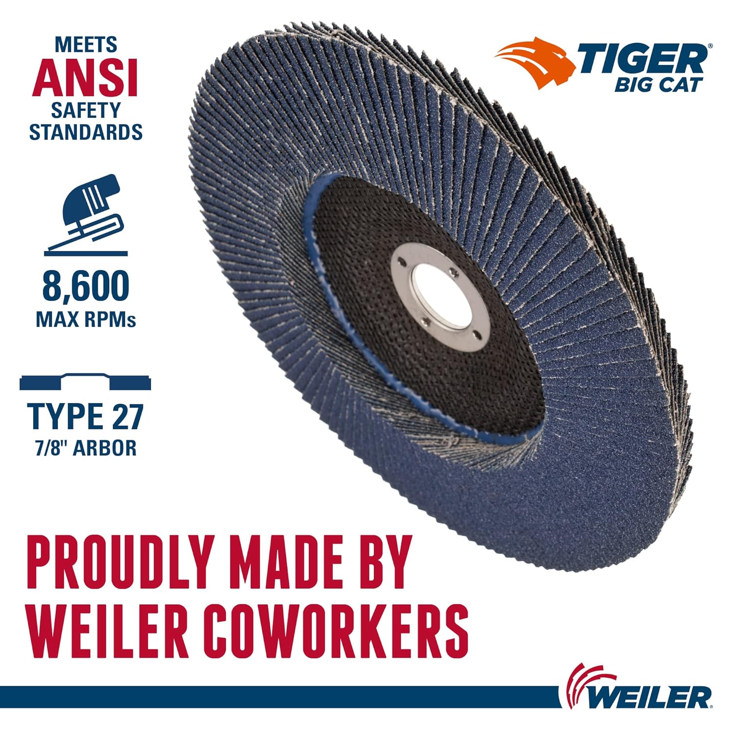WEILER Weiler 50823 Big Cat High Density Abrasive Flap Disc Type 27 Round Hole Phenolic Backing Zirconia Alumina 7 Inch 40 Grit