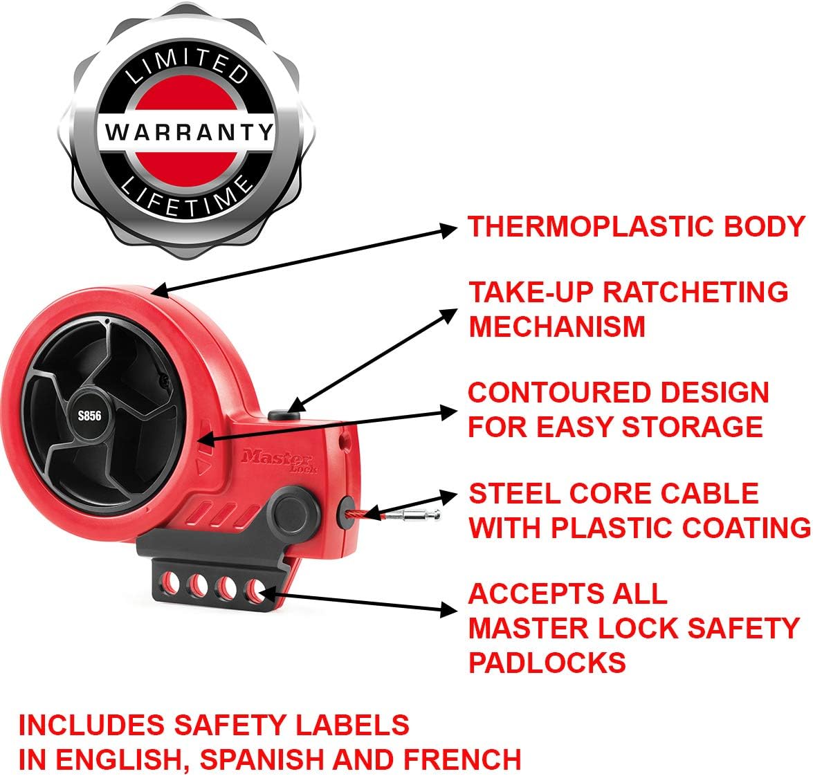 MASTER LOCK Master Lock S856 Lockout Device with Retractable Cable Steel Cable with Red Plastic Coating