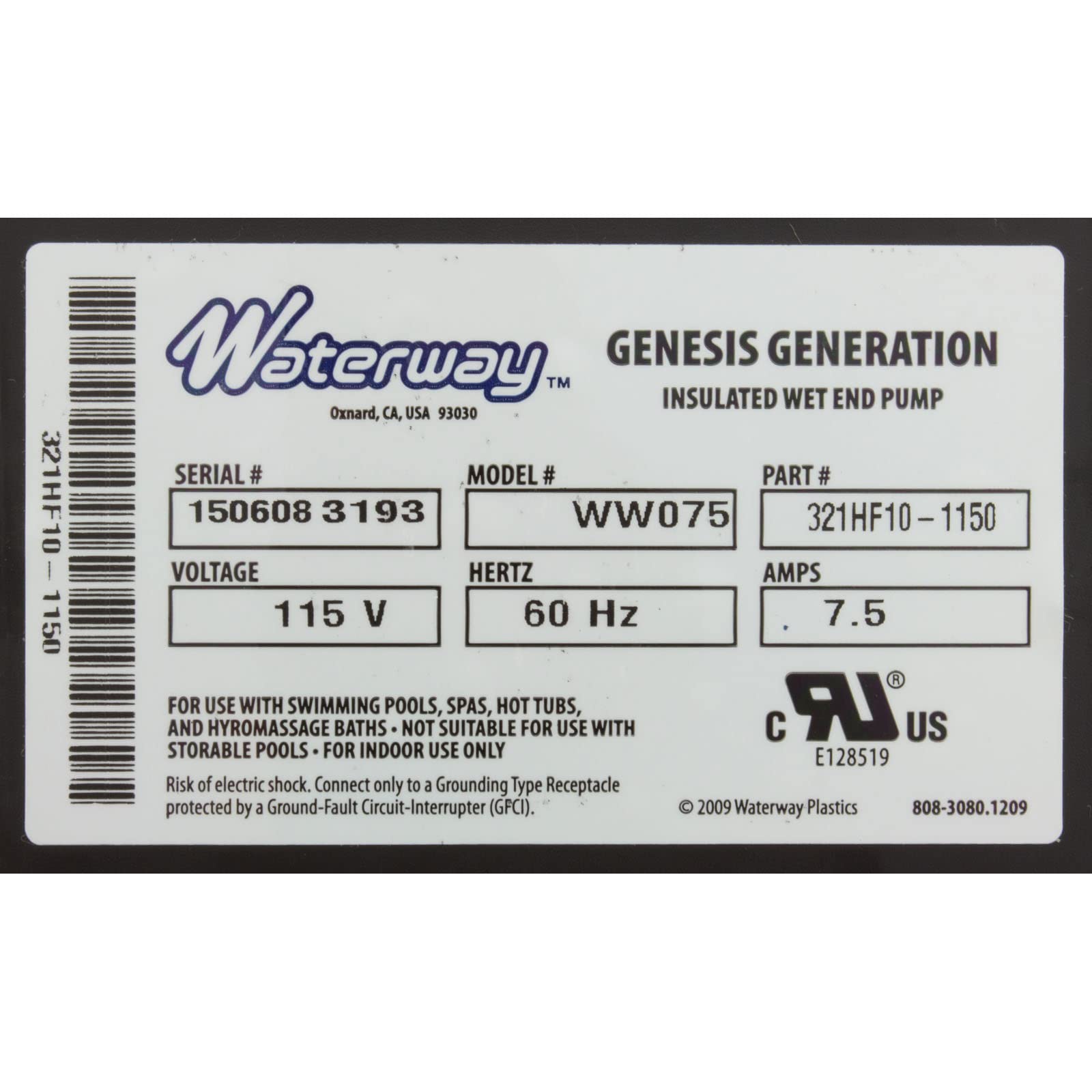 WATERWAY PLASTICS Waterway Plastics 321HF10-0150 Genesis Bath Pump 7.5A 115v 1-1/2 OEM