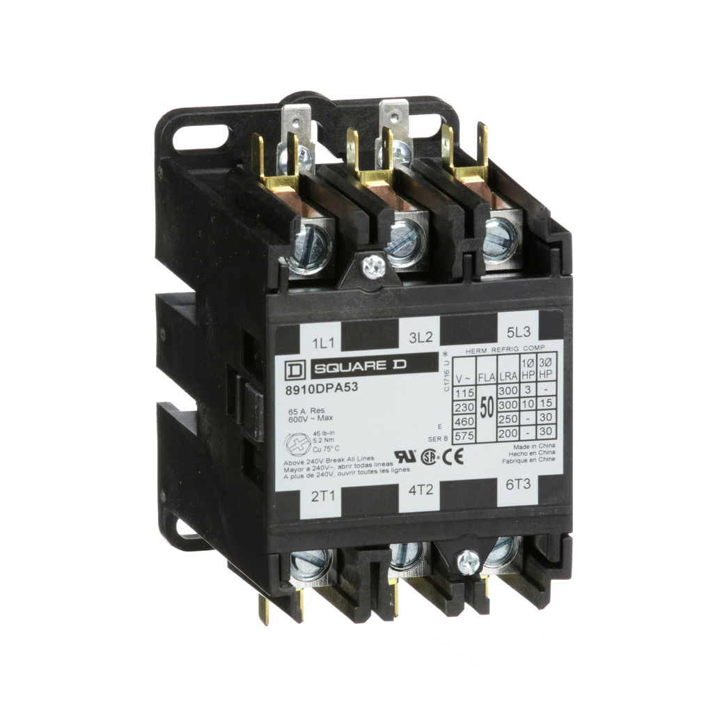 SCHNEIDER ELECTRIC Square D 8910DPA53V14 Definite Purpose Contactor 50 Amp 3-Pole 24 VAC
