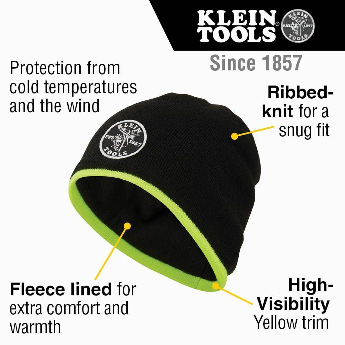 KLEIN TOOLS Klein Tools 60391 Knit Beanie Thermal Fleece Winter Hat Windproof Black with High-Visibility Yellow Band Trim
