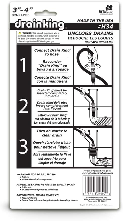 DRAIN KING Drain King H34 Unclogs Sewer Lines, Main, and Outside Deck Drains 3 To 4 Inch