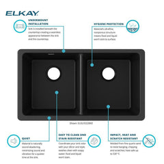 ELKAY Elkay ELGU3322BK0 Quartz Classic 33 x 18-1/2 in. No Hole Composite Double Bowl Undermount Kitchen Sink in Black