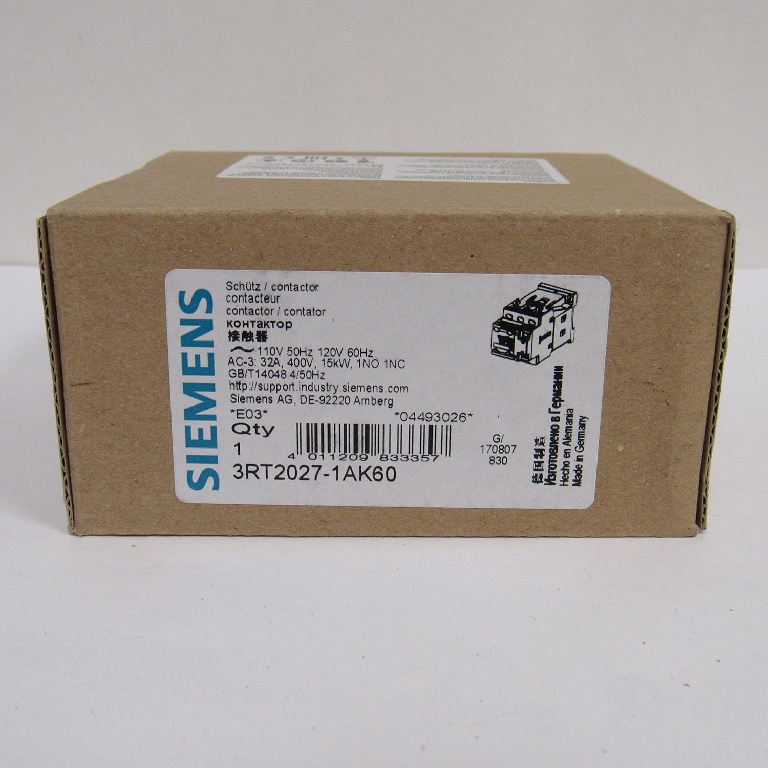 SIEMENS Siemens 3RT2027-1AK60 Sirius 3 Pole 32 AMP 120 Volt AC Contactor - 1NO 1NC Auxiliary Contact