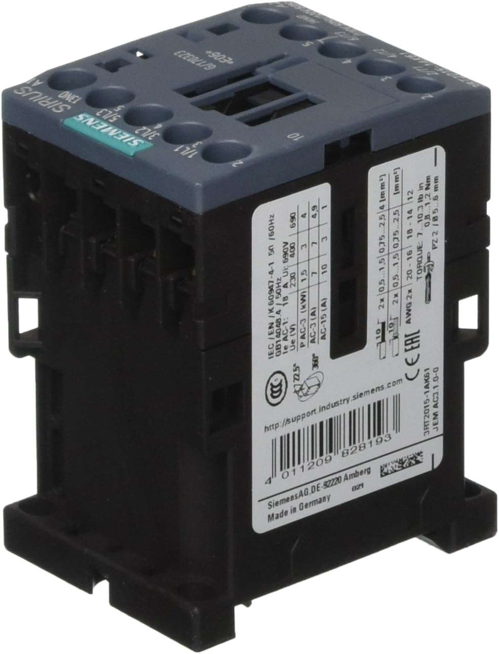 SIEMENS Siemens 3RT2015-1AK61 IEC Magnetic Contactor 120VAC 7 Amp 3 Pole 1NO
