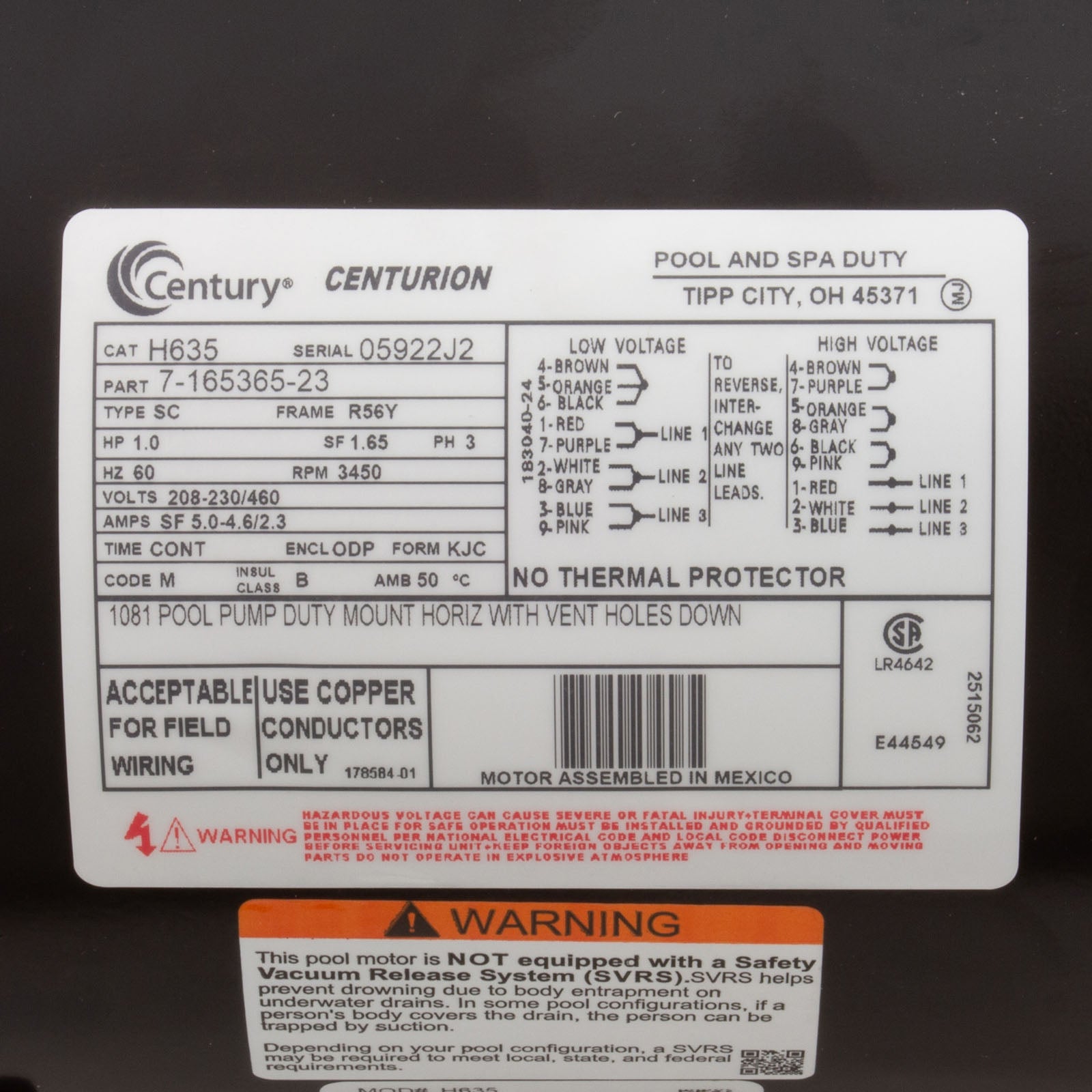 CENTURY MOTORS Century H635 Pool Pump Motor 1 HP 3450 RPM 208-230/460V