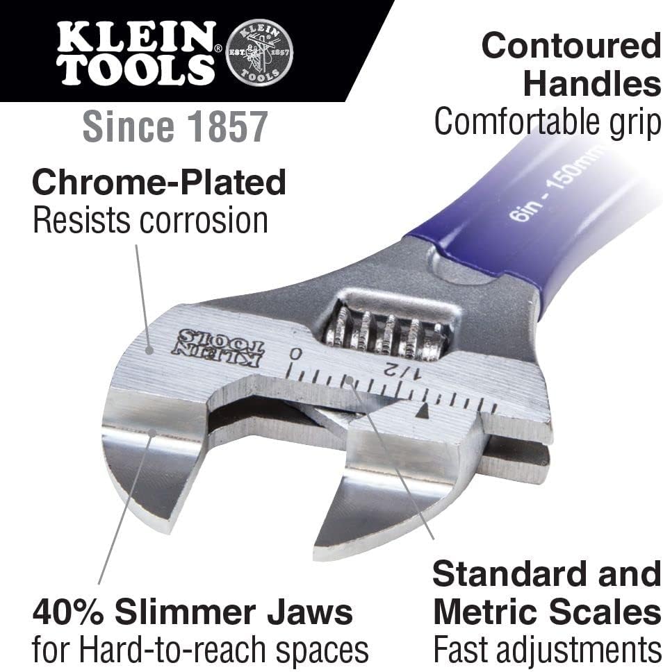 KLEIN TOOLS Klein Tools D86934 Adjustable Wrench with Slim Jaw and High Polish Chrome Finish, 6-Inch