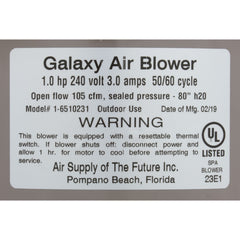 Air Supply 6510231 Blower Galaxy V2 1.0hp 230v 3.0A Hardwire