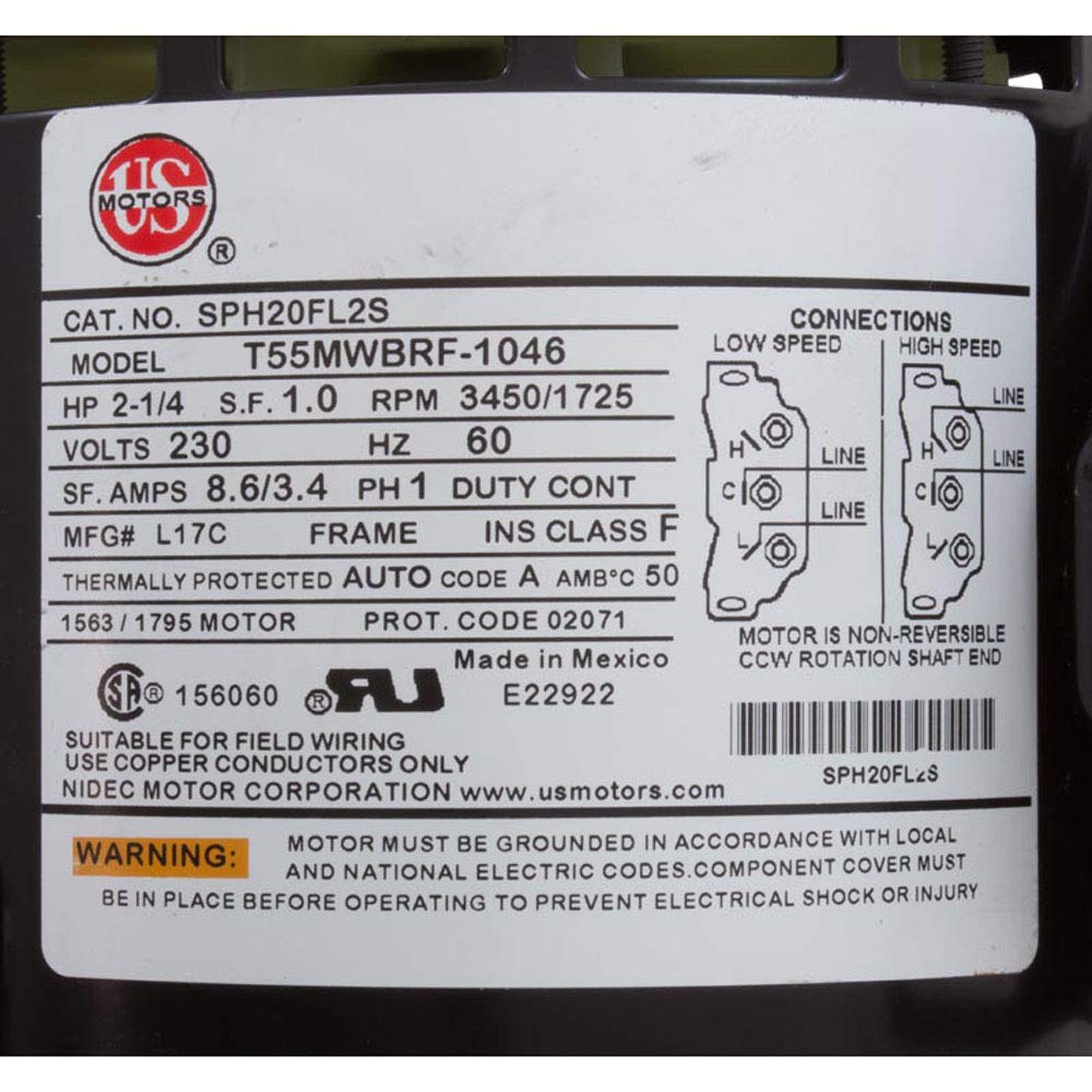 US MOTORS US Motors SPH20FL2S Motor 2.0 Horsepower Thru Bolt 2-Speed 230v 48Y
